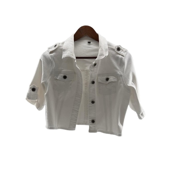 White Denim Short Sleeve Buttoned Chest Pockets Epaulettes - Picture 2 of 11
